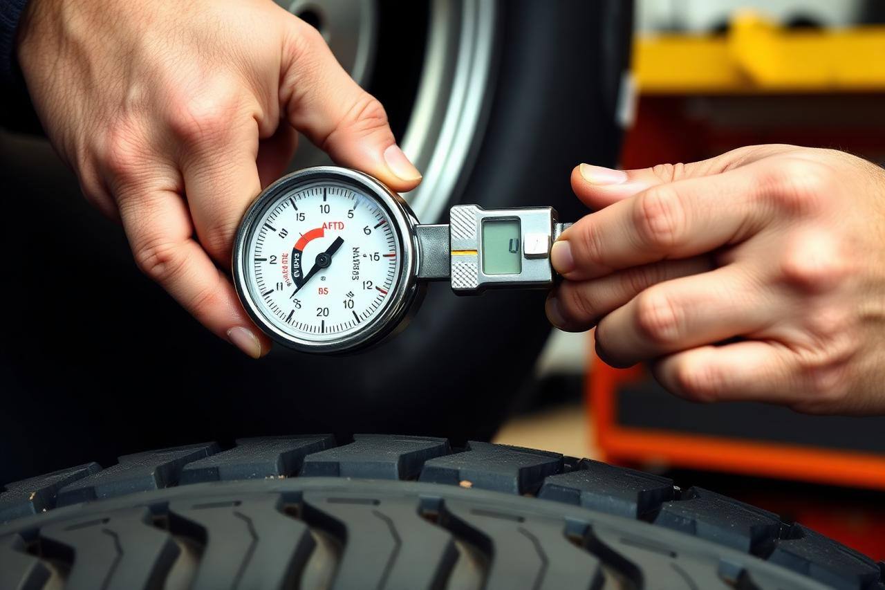 Technician checking tire tread during quality inspection