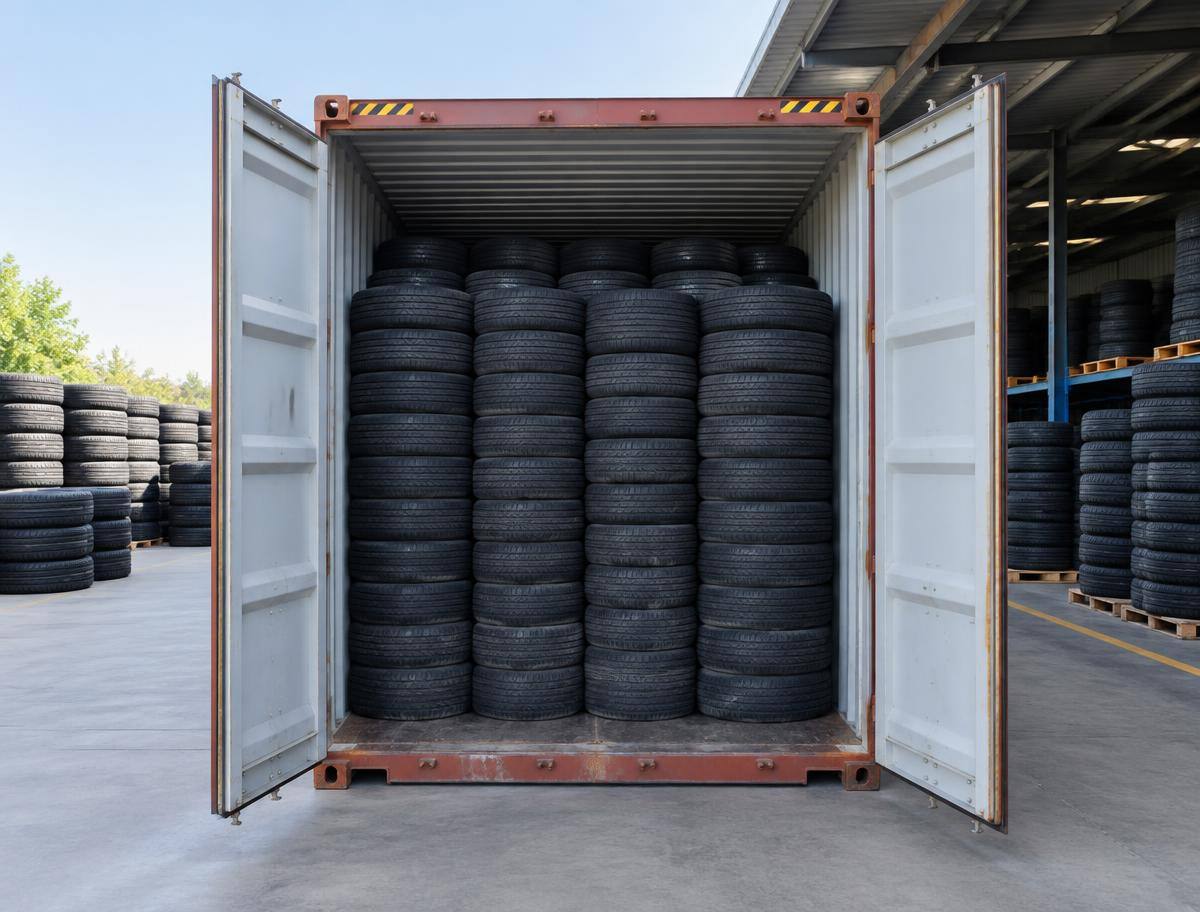 Wholesale tires loaded into a freight container